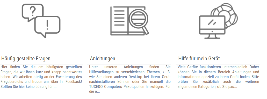 Der Support-Bereich ist in drei Kategorien unterteilt