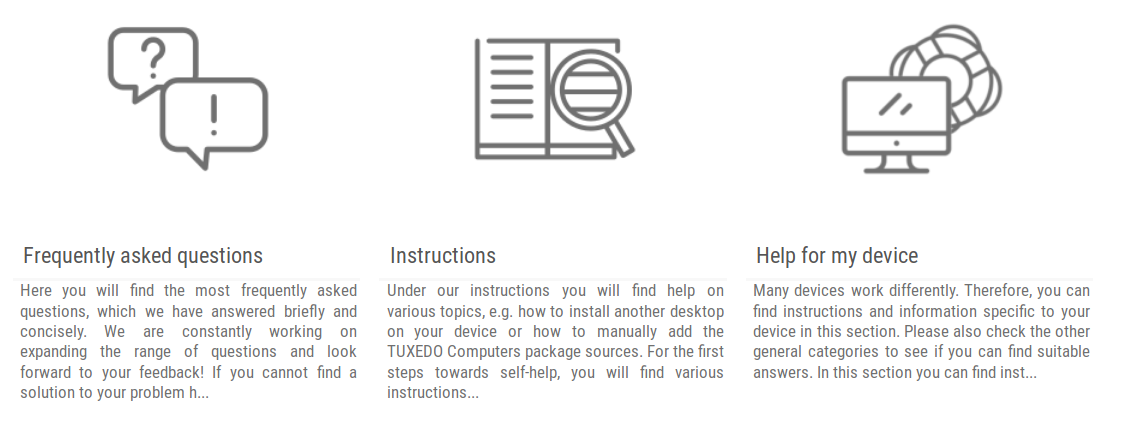 Support page has three categories.