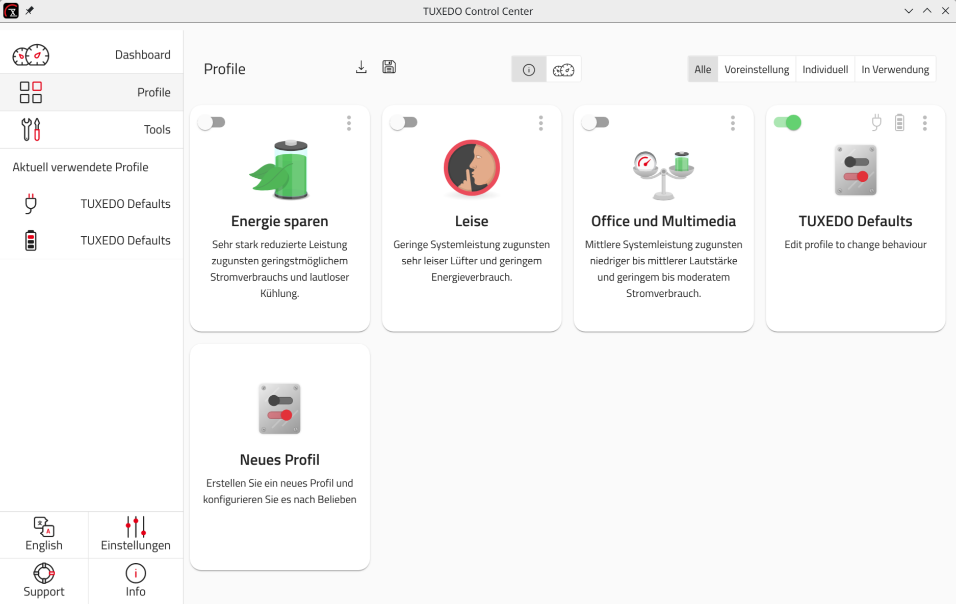 Vordefinierte Profile im TUXEDO Control Center.