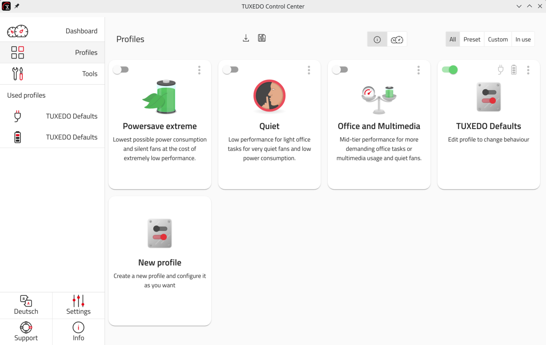 Predefined profiles in the TUXEDO Control Center.