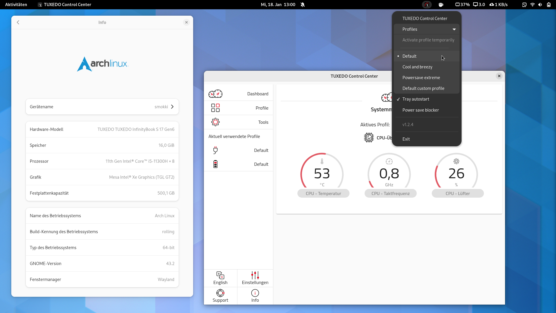 The TUXEDO Control Center under Arch Linux with GNOME as desktop environment.