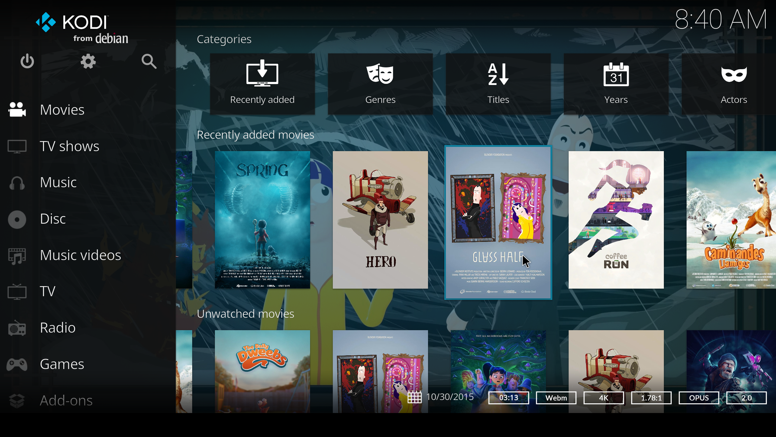 The overview divides Kodi into movies, series, music and other categories.