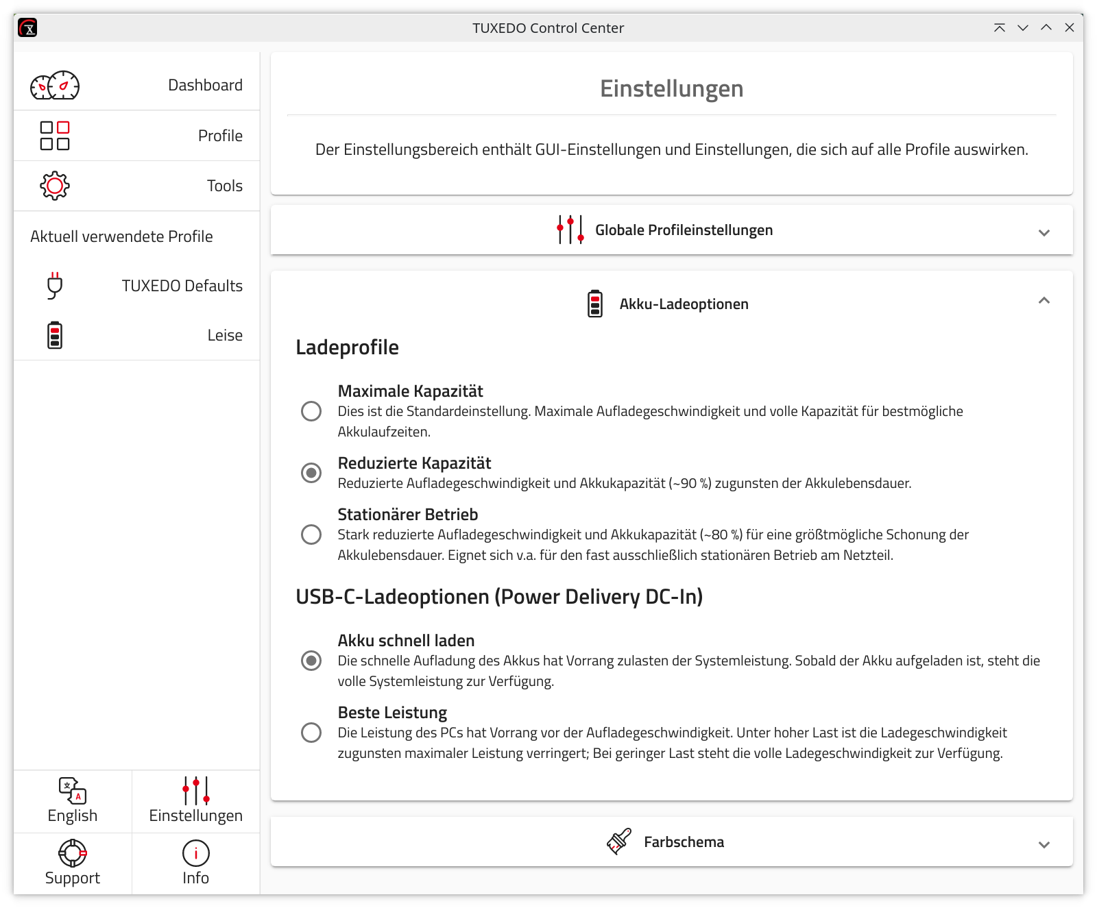 You control charging via the charging profiles integrated in the TUXEDO Control Center.