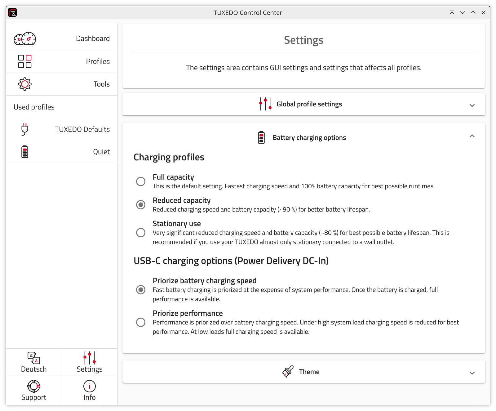 With the latest TUXEDO Control Center you are able to control the charging of the battery.