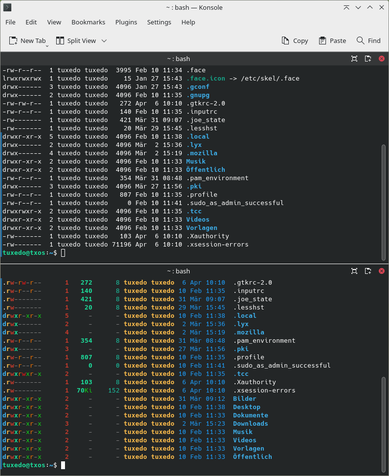 The outputs of ls (top) and exa (bottom) in comparison. Exa provides an easier overview with colors and better structuring.