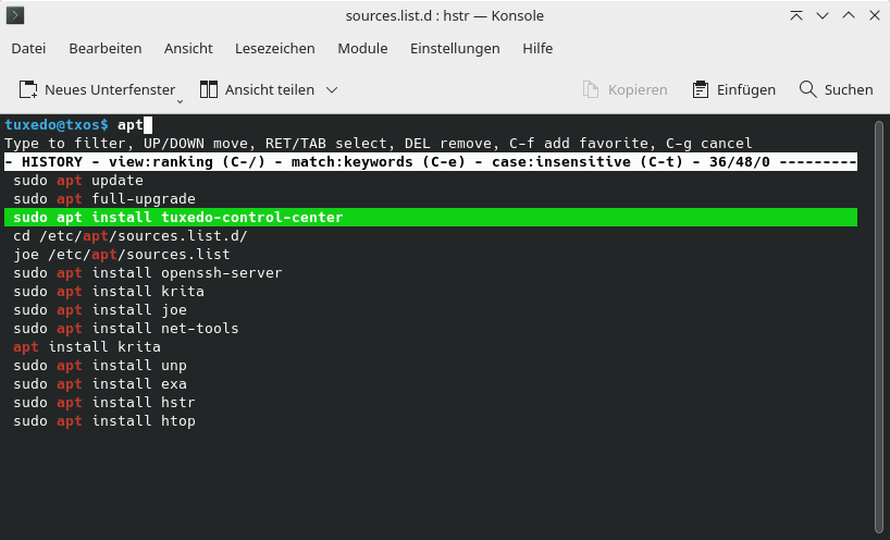 HiSToRy erleichtert die Suche im Kommandoverlauf des Linux-Terminals. Die am häufigsten gebrauchten Befehle stehen immer oben.