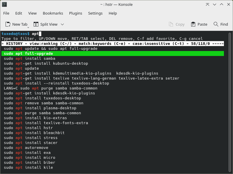 HiSToRy facilitates the search in the command history of the Linux terminal. The most frequently used commands are always at the top.