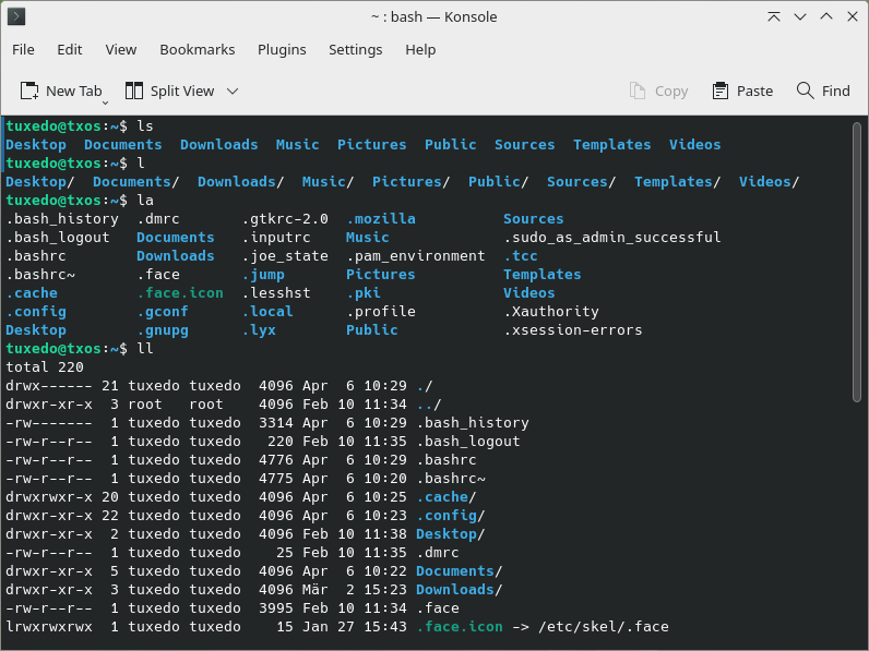 In TUXEDO OS, several aliases for the ls command have already been created. Especially practical is the first variant ll.