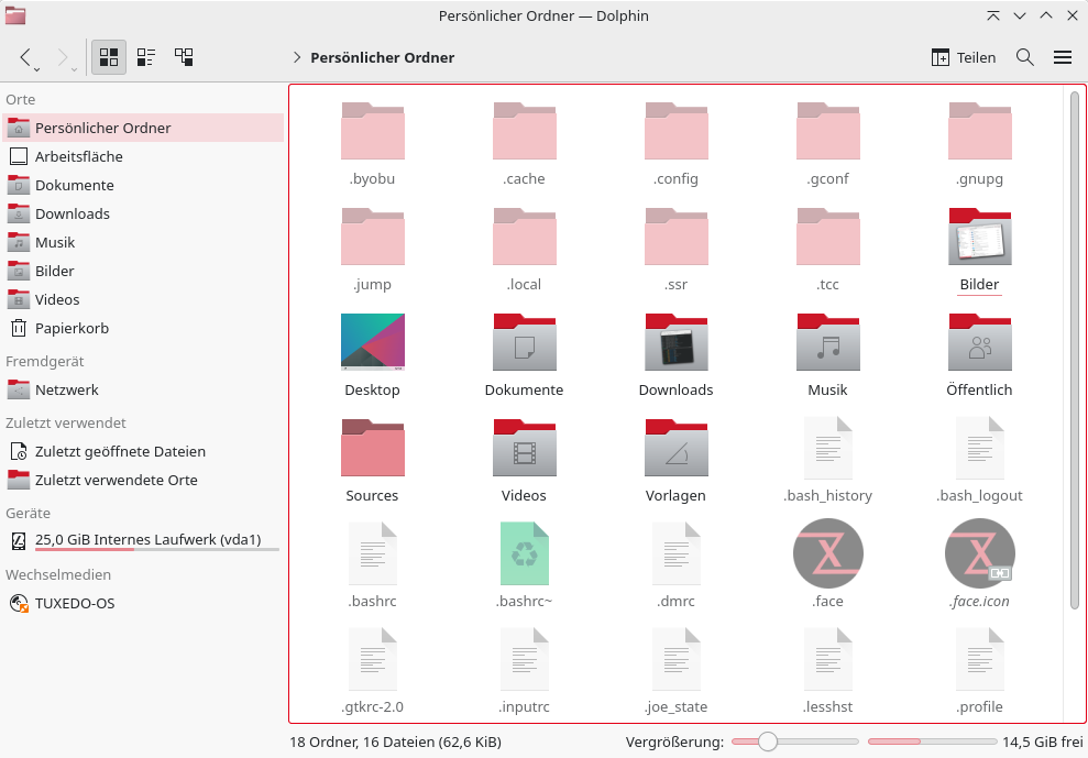 Im Dateimanager Dolphin aktivieren Sie die Anzeige von versteckten Dateien und Ordnern über das Menü oder die Tastenkombination Strg+H.