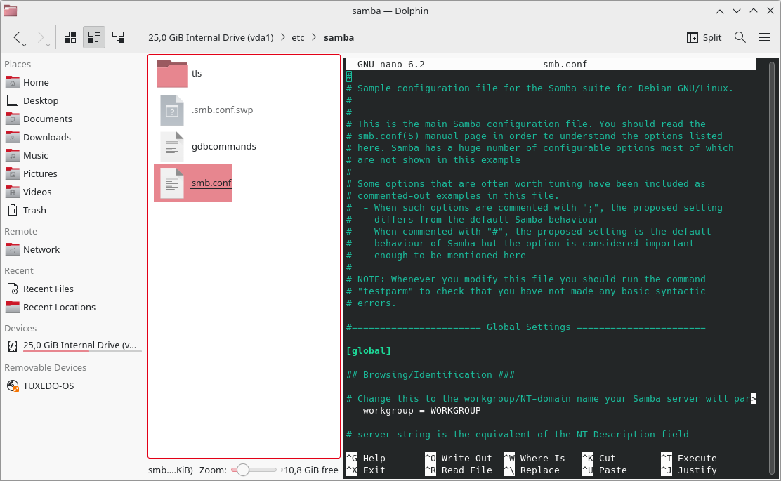 The system organizes the configuration files of system services (like Samba’s smb.conf here) in the /etc folder.