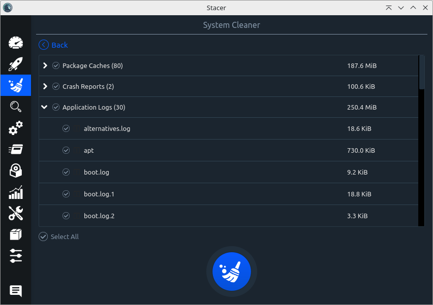 Also with Stacer you can delete temporary files and caches, as well as empty the log files archived by Journald.