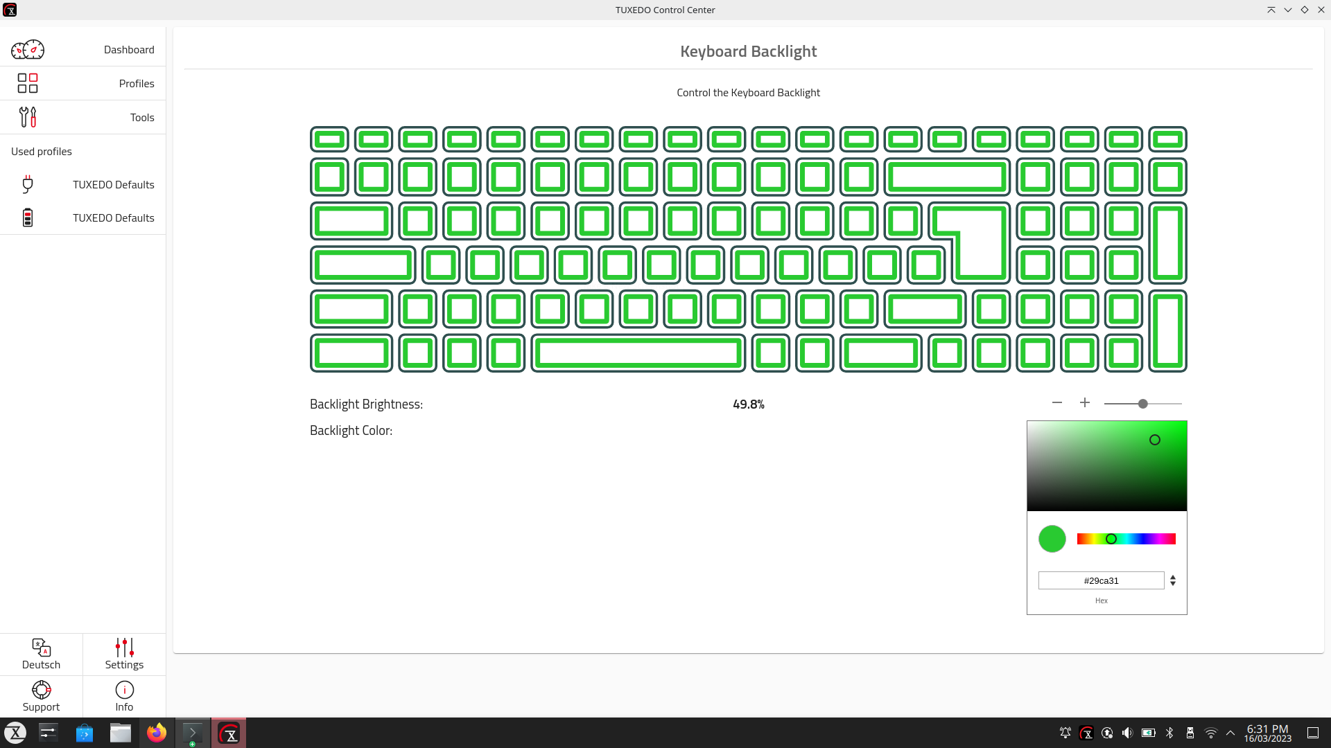 With the update, you control brightness and colors of the keyboard illumination via the TUXEDO Control Center.