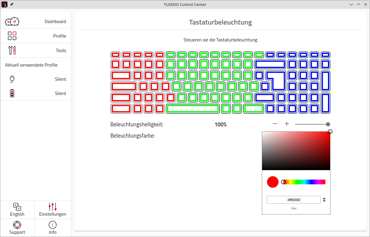 Bei Geräten mit mehrfarbig einstellbarer Hintergrundbeleuchtung passen Sie jeden Bereich individuell an.