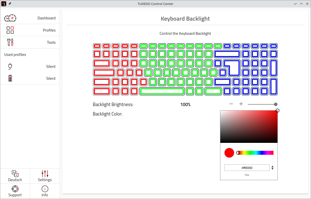 For devices with multicolour adjustable backlighting, you customize each area individually.