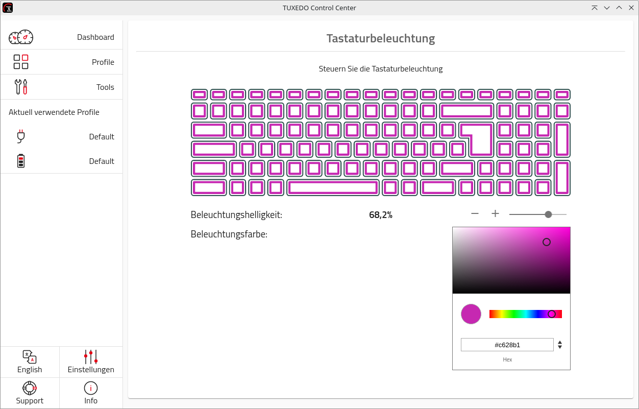 Über die aktuelle Version des TUXEDO Control Centers können Sie die LED-Beleuchtung der Tastatur per Mausklick steuern.