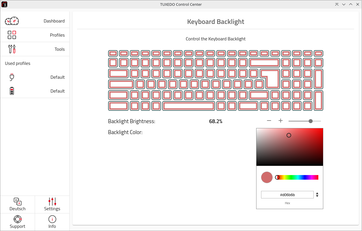 Via the current version of the TUXEDO Control Center you can control the LED illumination of the keyboard with a mouse click.