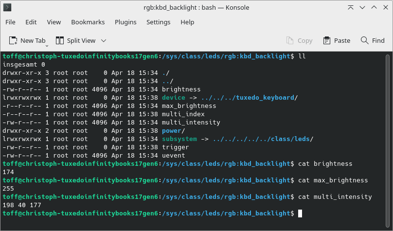 Under /sys/class/leds you will find the entries for the configuration of the keyboard illumination. You can use the entries for your own scripts and tools.