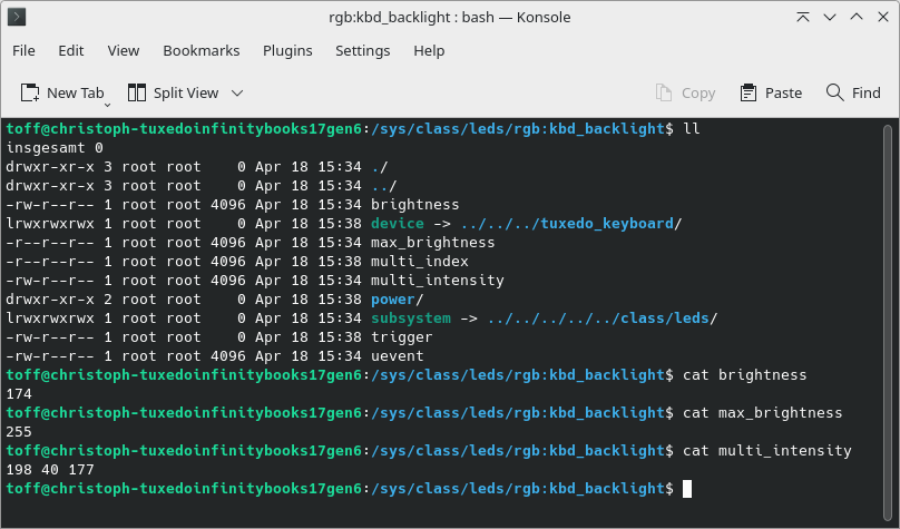 Unter /sys/class/leds finden Sie die Einträge zur Konfiguration der Tastaturbeleuchtung. Die Einträge können Sie für eigene Skripte und Tools nutzen.