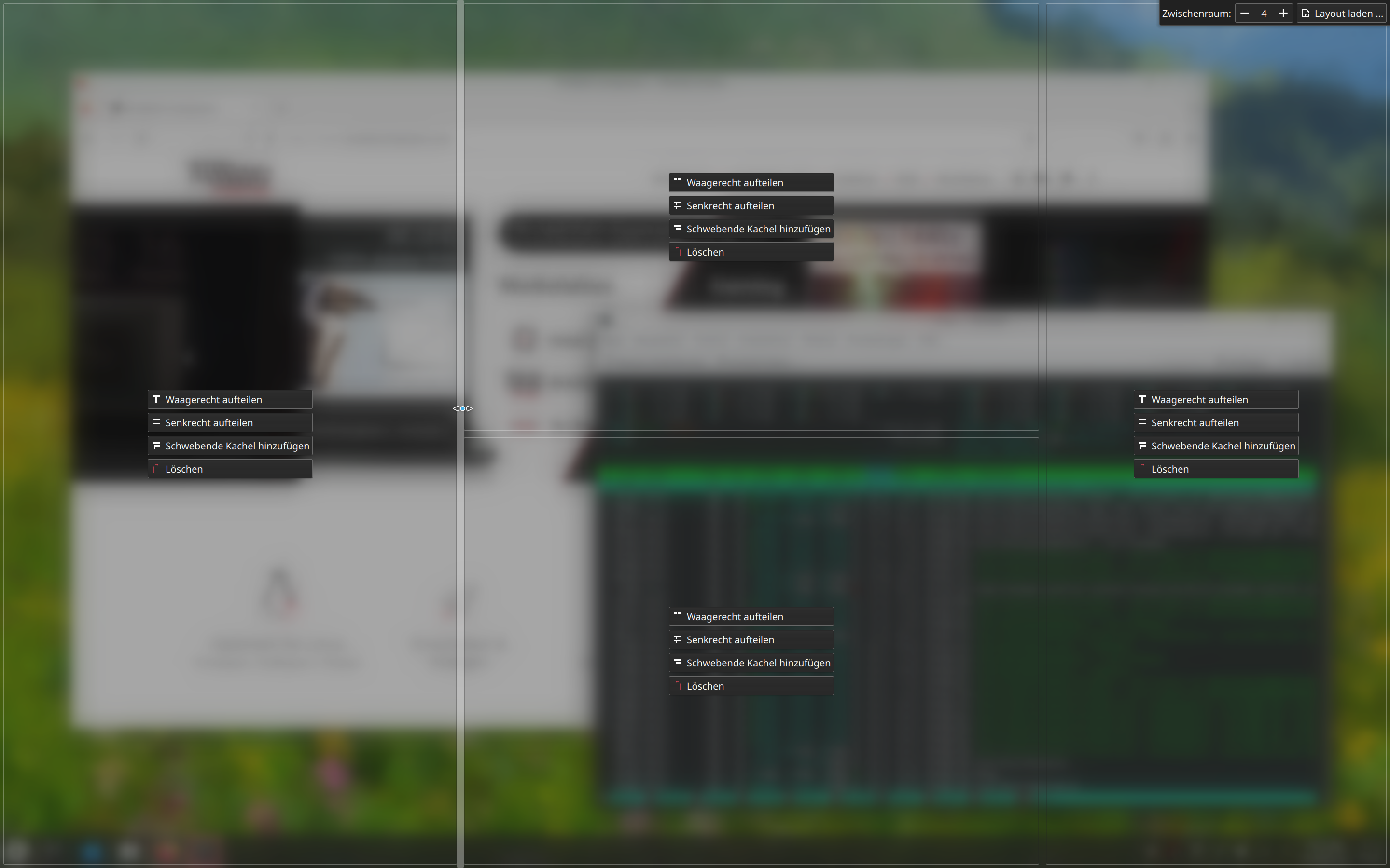 Den Tiling-Editor rufen Sie über die Tastenkombination Super+T auf. Mit Esc kommen Sie danach wieder zurück auf den Desktop.