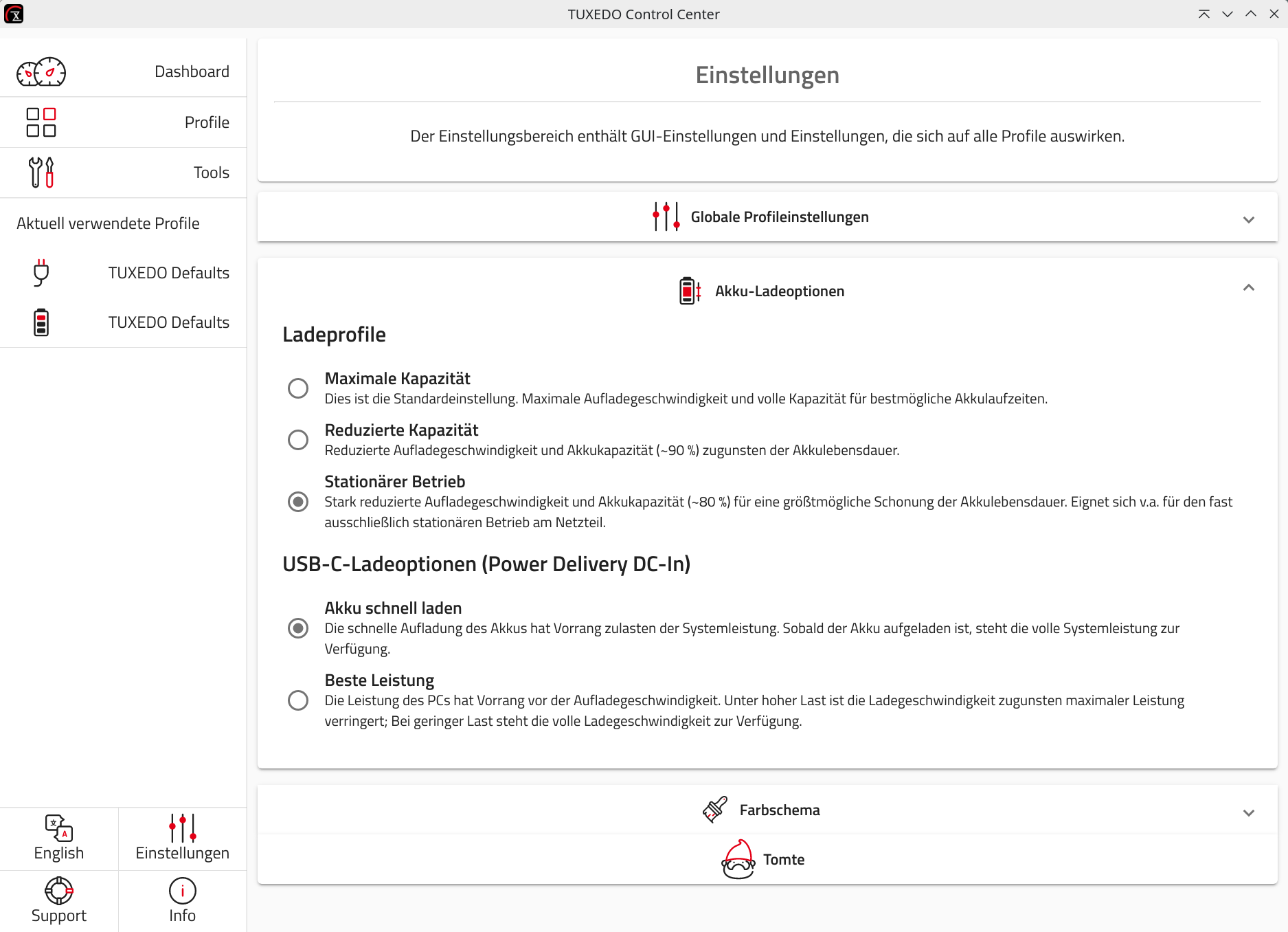 Über die Akku-Ladeoptionen im TUXEDO Control Center steuern Sie, was das System bevorzugen soll: Das Laden des Akkus, oder die volle Leistung der CPU.