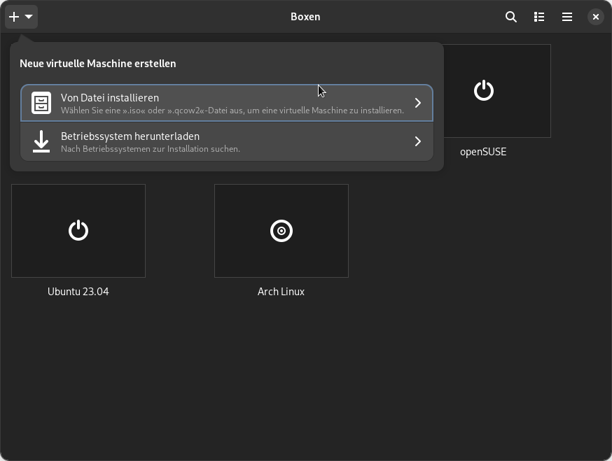 Boxes ist in der Standardinstallation von vielen Linux-Distributionen enthalten, die Gnome als Desktopumgebung verwenden. Die VM für TUXEDO OS installieren Sie über eine ISO-Datei.