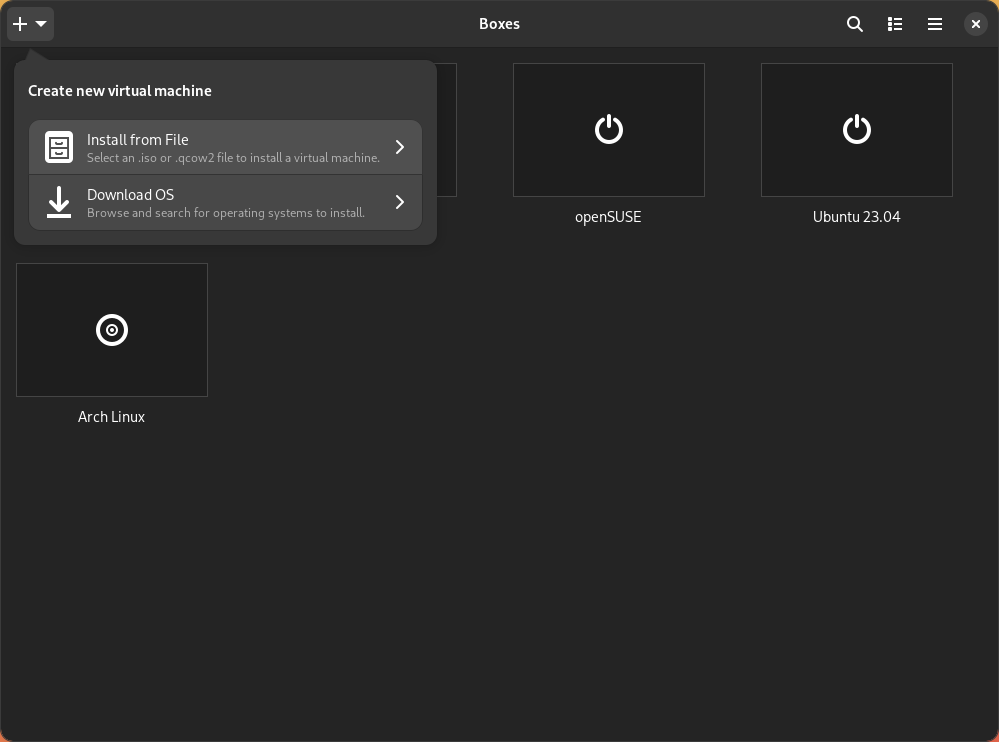 Boxes is included in the default installation of many Linux distributions that use Gnome as their desktop environment. You install the VM for TUXEDO OS via an ISO file.