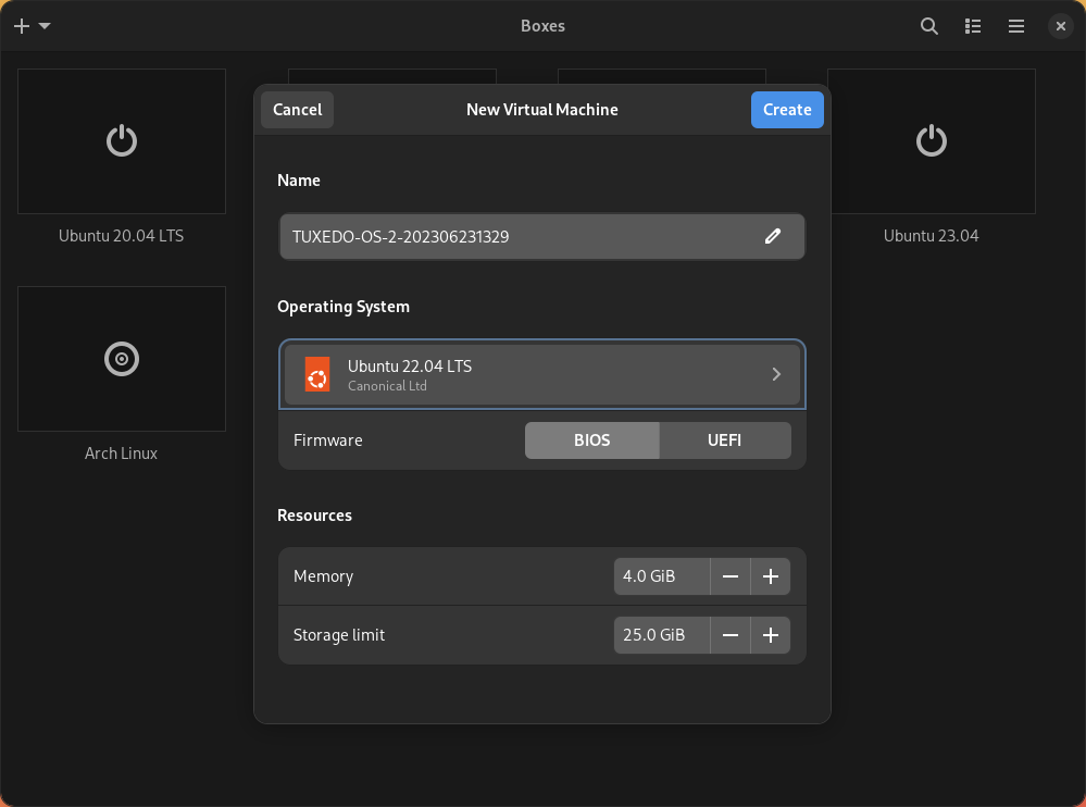 After loading the ISO image with TUXEDO OS, select Ubuntu 22.04 LTS as the template for the virtual machine. You can accept the remaining settings unchanged.