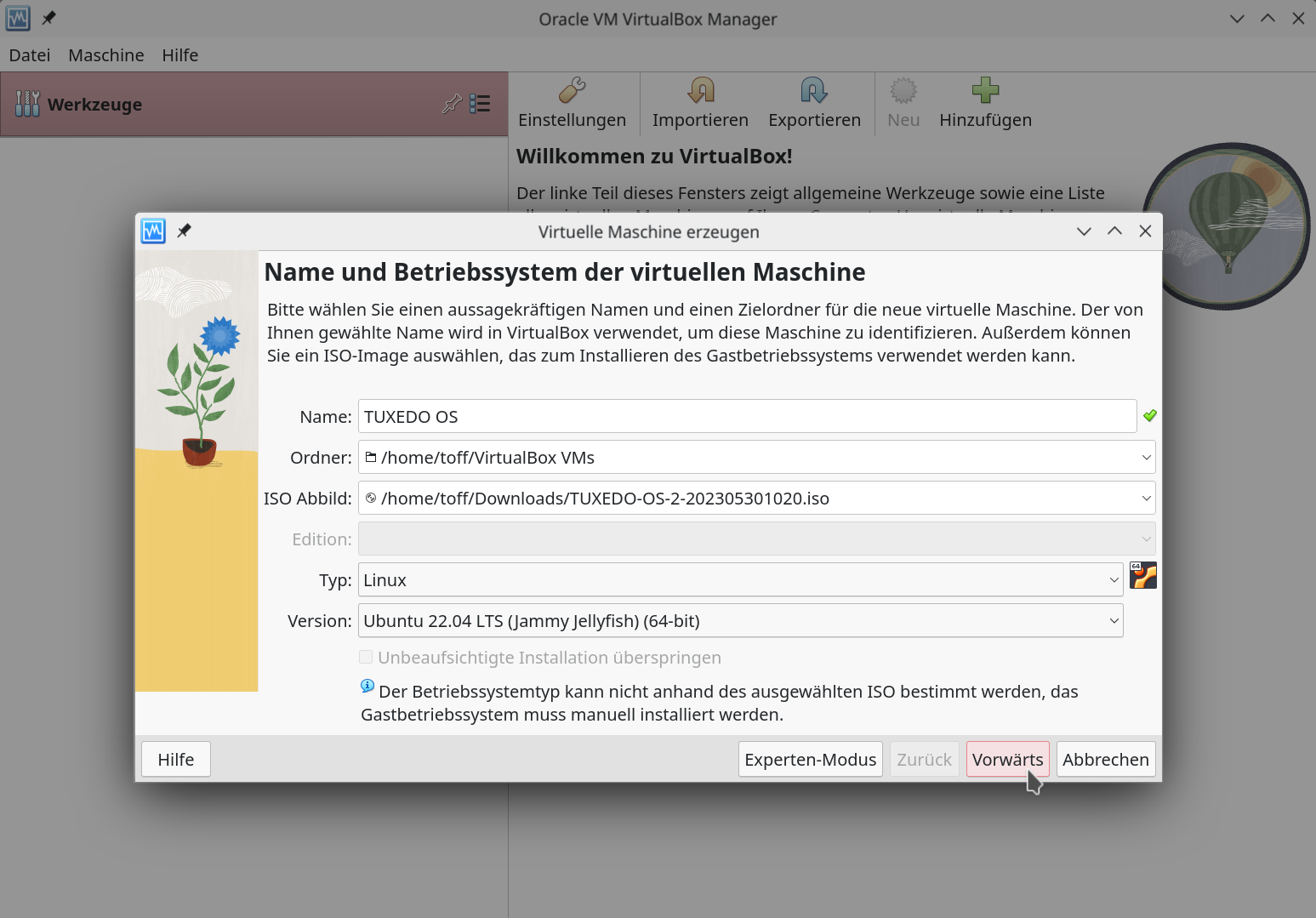 TUXEDO OS in einer VirtualBox installieren. Als Typ wählen Sie Linux, als Version Ubuntu 22.04 LTS (64-bit).