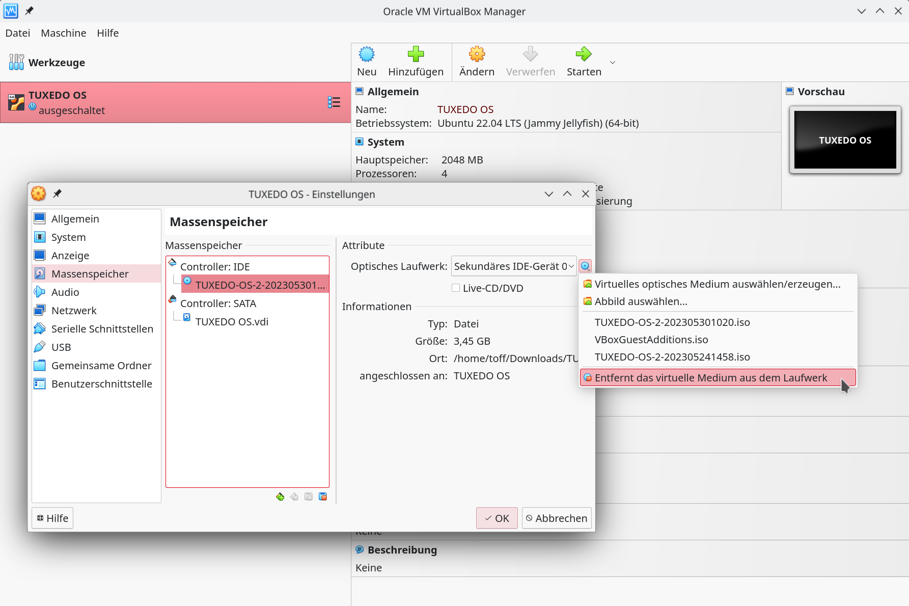 Sollte die virtuelle Maschine nach der Installation von TUXEDO OS noch vom ISO-Image in das Live-System booten, entfernen Sie das Startmedium aus den Einstellungen der VM.