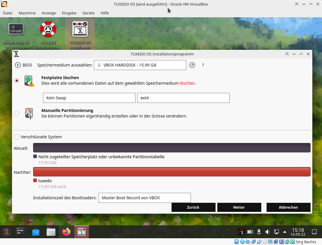 Bei der Installation der VM lassen Sie TUXEDO OS die Festplatte löschen. Eine extra Partition für Swap benötigen Sie in der virtuellen Maschine in der Regel nicht.