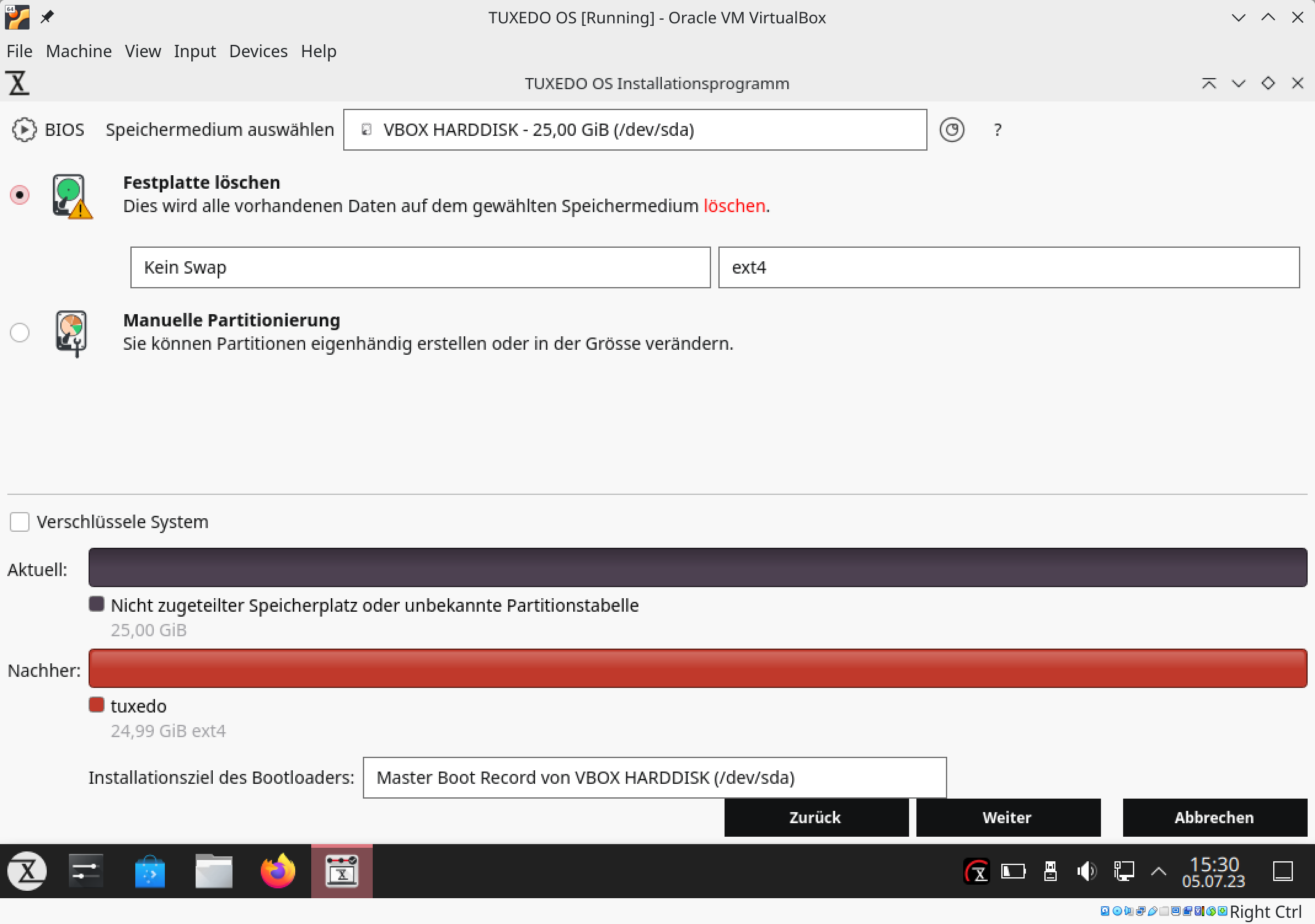When installing the VM, let TUXEDO OS erase the hard disk. You usually do not need an extra partition for swap in the virtual machine.