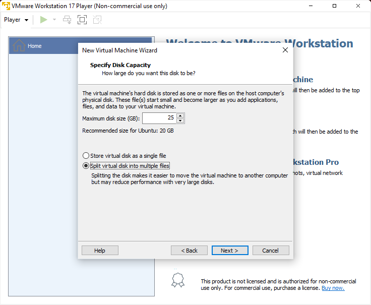 After selecting the ISO image, you configure the size of the virtual hard disk. The default of 20 GBytes is sufficient for initial testing. For longer use, select at least 25 GByte.