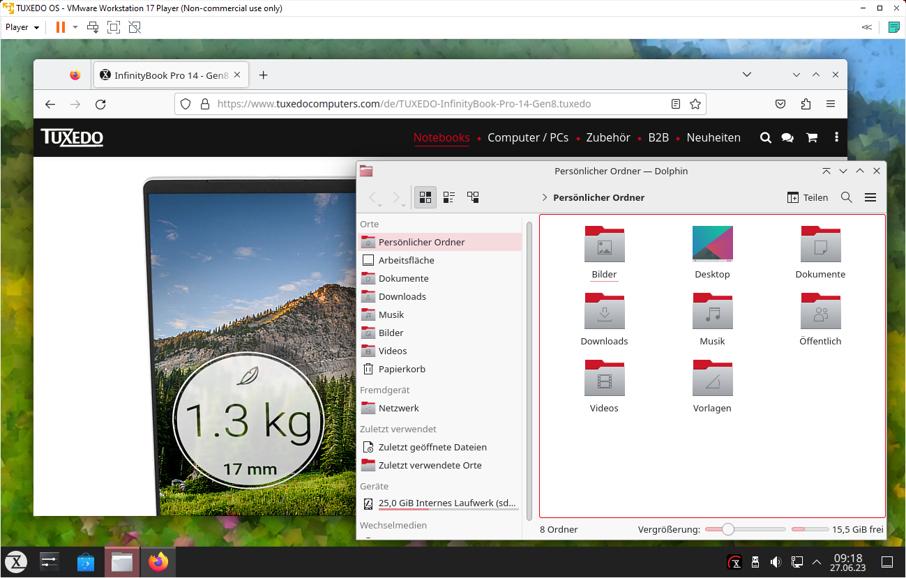 TUXEDO OS automatically installs Open VM Tools so that the virtual machine resolution automatically adjusts to the window size of the VMware VM.