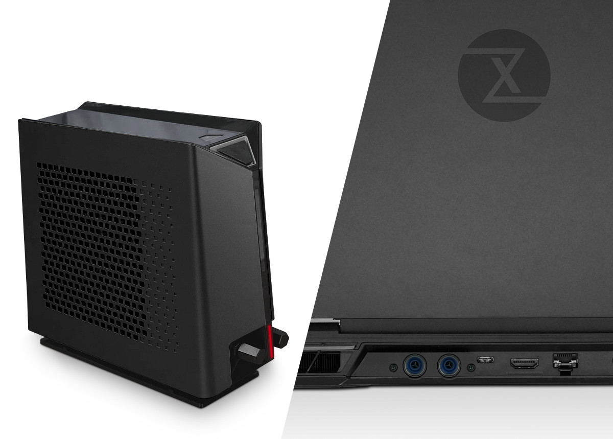 The Aquaris water cooling system is connected to the Stellaris 17 via two magnetic, self-sealing ports on the back of the notebook.