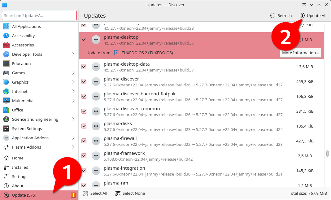 You can conveniently install all pending updates of TUXEDO OS via a graphical user interface using the Discover program management.