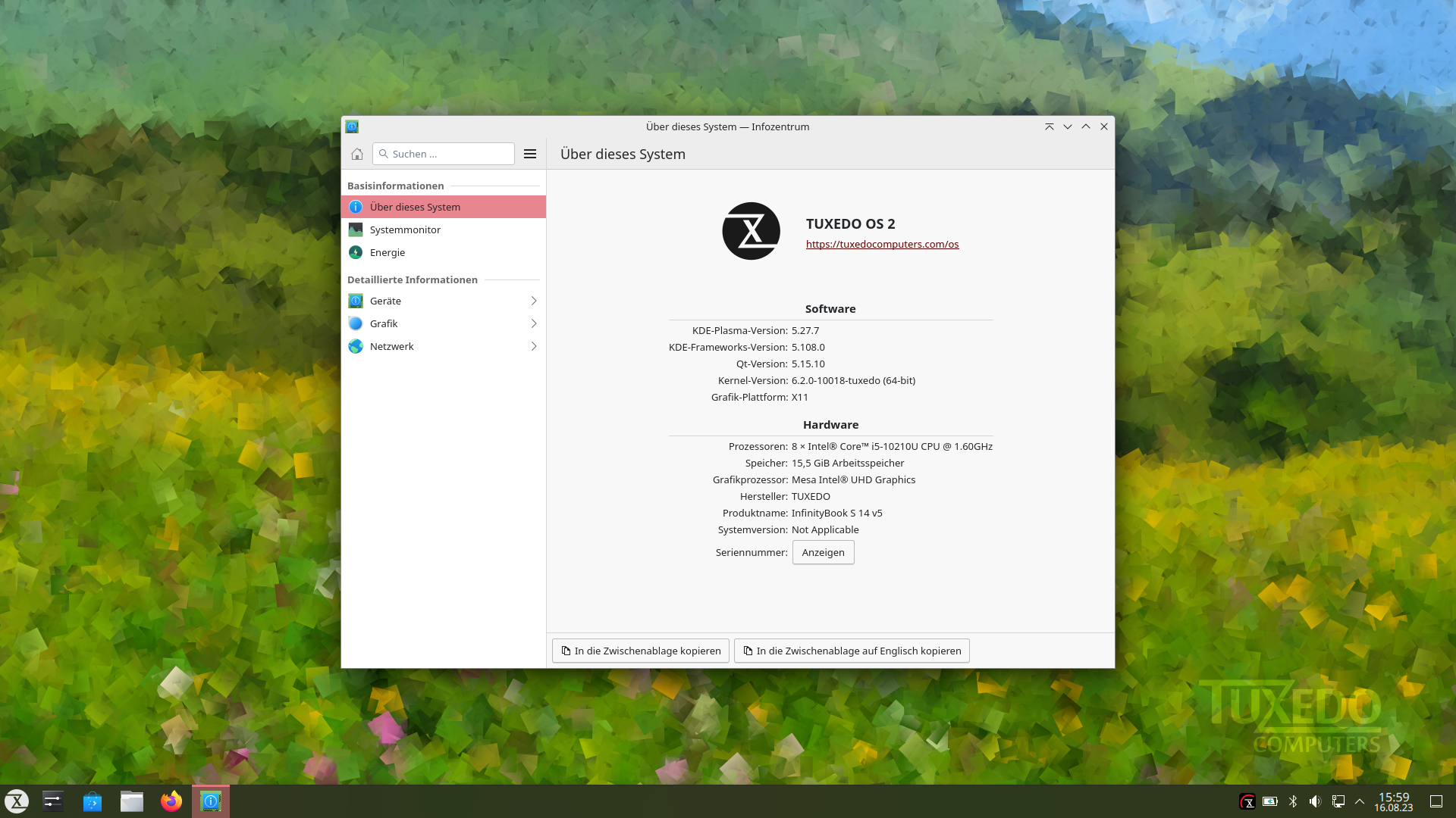 TUXEDO OS with Plasma 5.27.7, Frameworks 5.108.0 and Gear 23.04.3.