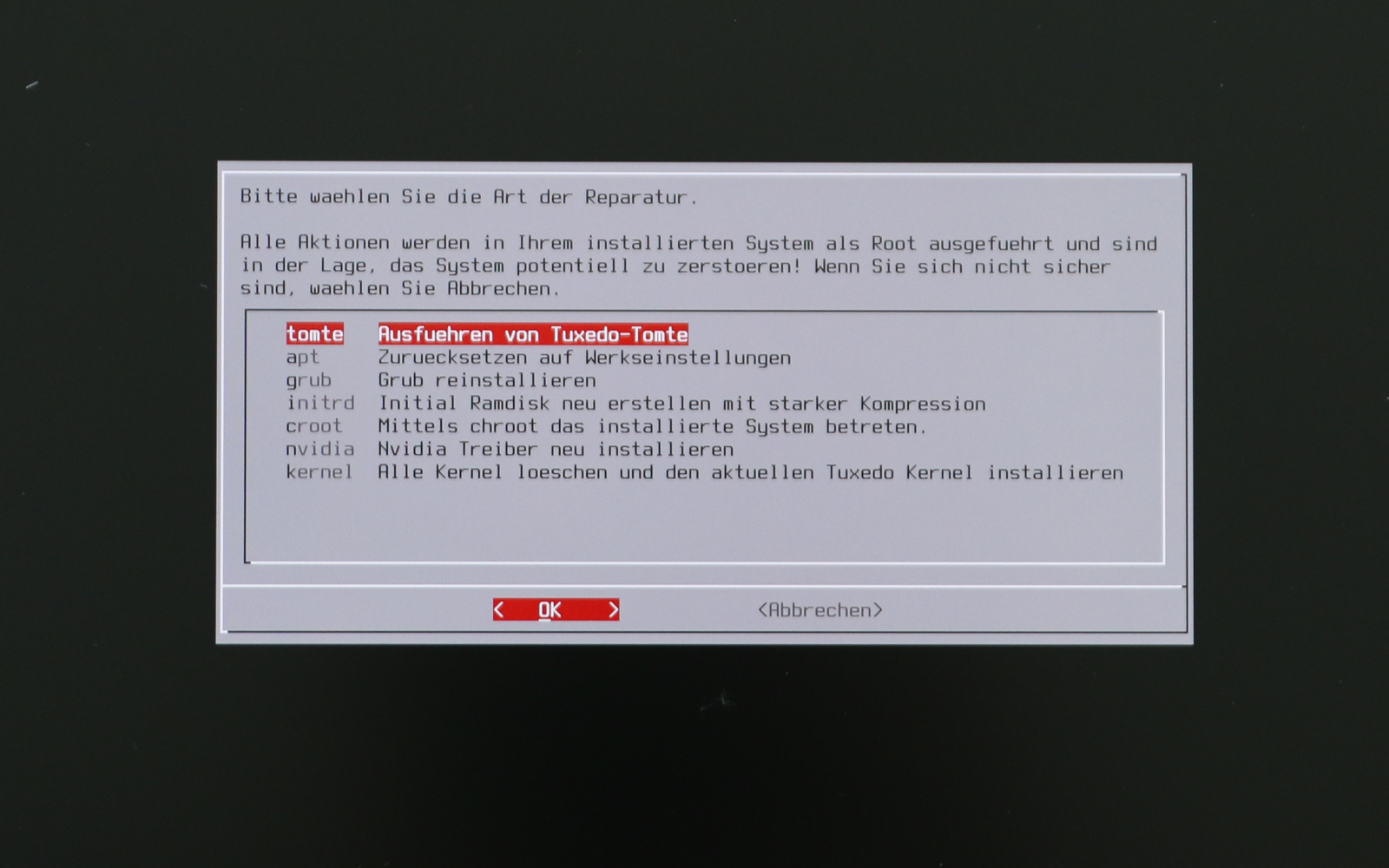 Für die Automatic System Repair-Funktionen booten Sie vom TUXEDO-WebFAI-Stick.