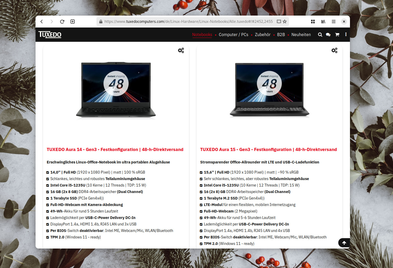 The pre-configured versions of the TUXEDO Aura 15 and TUXEDO InfinityBook S 17 will be shipped in less than 48 hours.