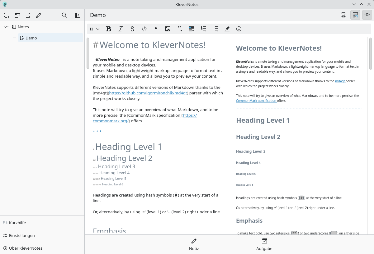 In the demo, KleverNotes shows a Markdown cheat sheet.