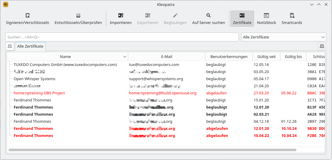 Kleopatra manages certificates and cryptographic keys to securely encrypt, sign, and ensure the integrity of data.