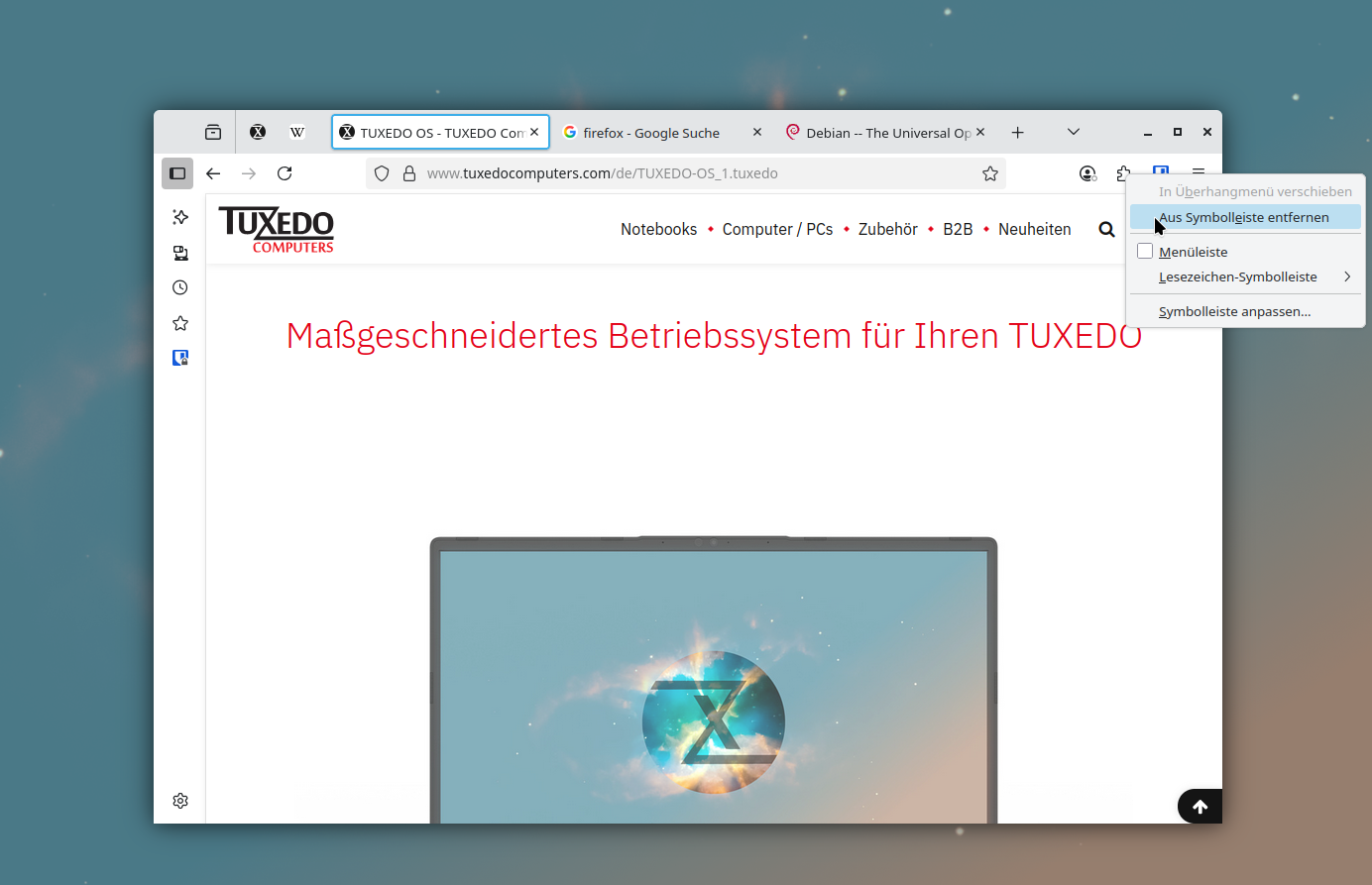 Das Symbol für die Erweiterungen wird oft nicht benötigt und kann entfernt werden