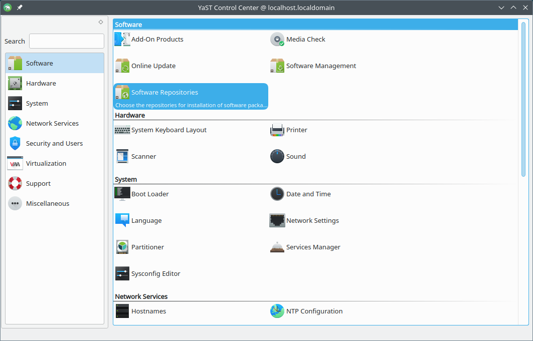 Use YaST to start the configuration of the software repositories of openSUSE