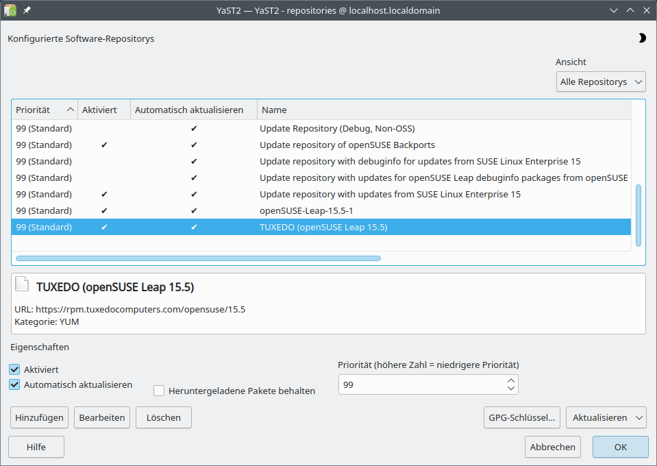 Nach Installation der Paketquelle führt YaST das TUXEDO-Repository mit auf. Mit einem Doppelklick deaktivieren Sie bei Bedarf die Paketquelle wieder.