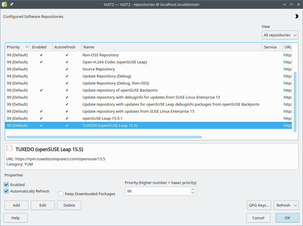 After installing the package source, YaST lists the TUXEDO repository as well. Double-click to deactivate the package source again if necessary