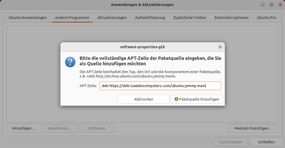 Mit Anwendungen & Aktualisierungen tragen Sie die TUXEDO-Paketquelle in die Softwareverwaltung von Ubuntu ein.