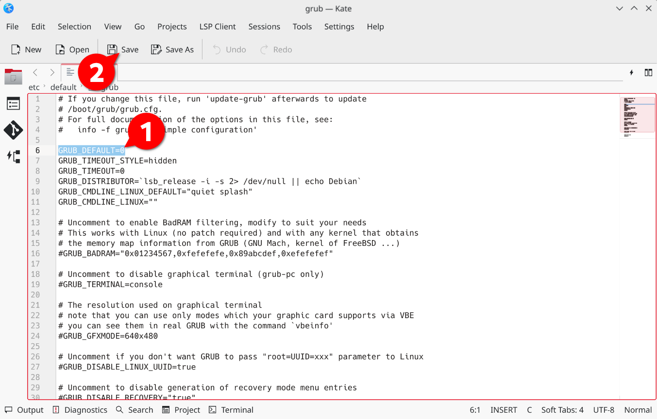 In the Grub configuration file, select the operating system to load automatically. You determine the ID as described above.