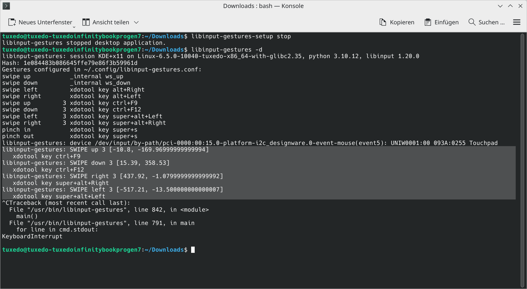 Sollten das System die Gesten nicht wie gewünscht erkennen oder die mit den Gesten verknüpften Aktionen nicht korrekt ausführen, dann starten Sie die Funktion im Debug-Modus.