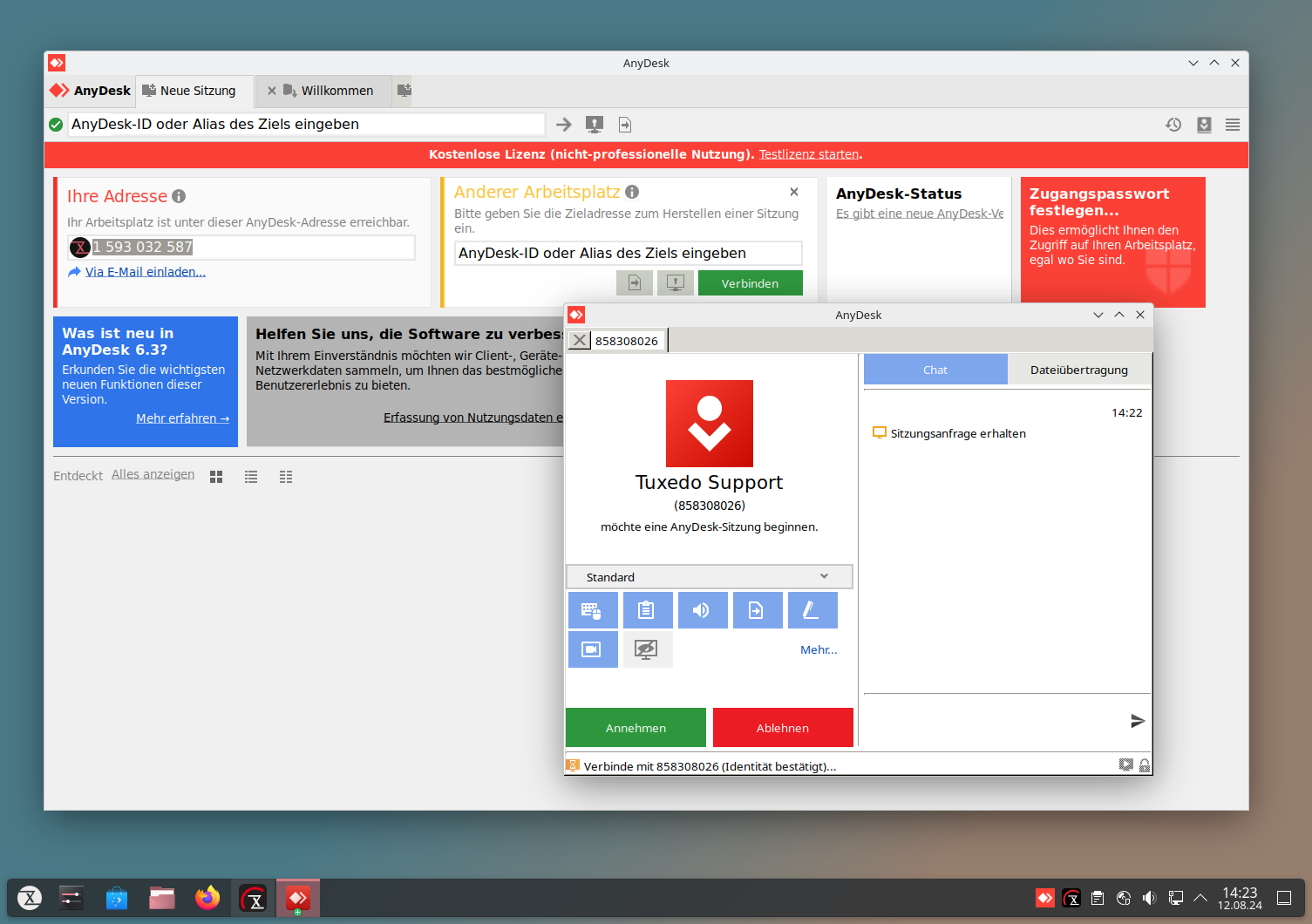 Über Anydesk können unser Supportmitarbeiter im Fall der Fälle auf Ihren Desktop zugreifen. Selbstverständlich nur nach Ihrer Zustimmung.