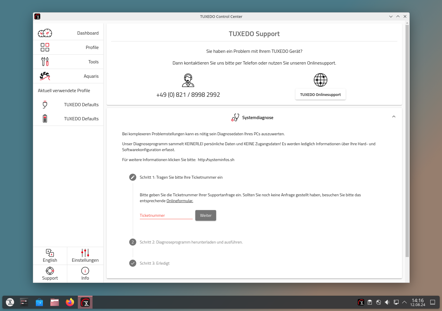 Über das TUXEDO Control Center können Sie Diagnosedaten direkt an unsere Supportmitarbeiter senden und über die Ticketnummer mit Ihrer Anfrage verknüpfen.