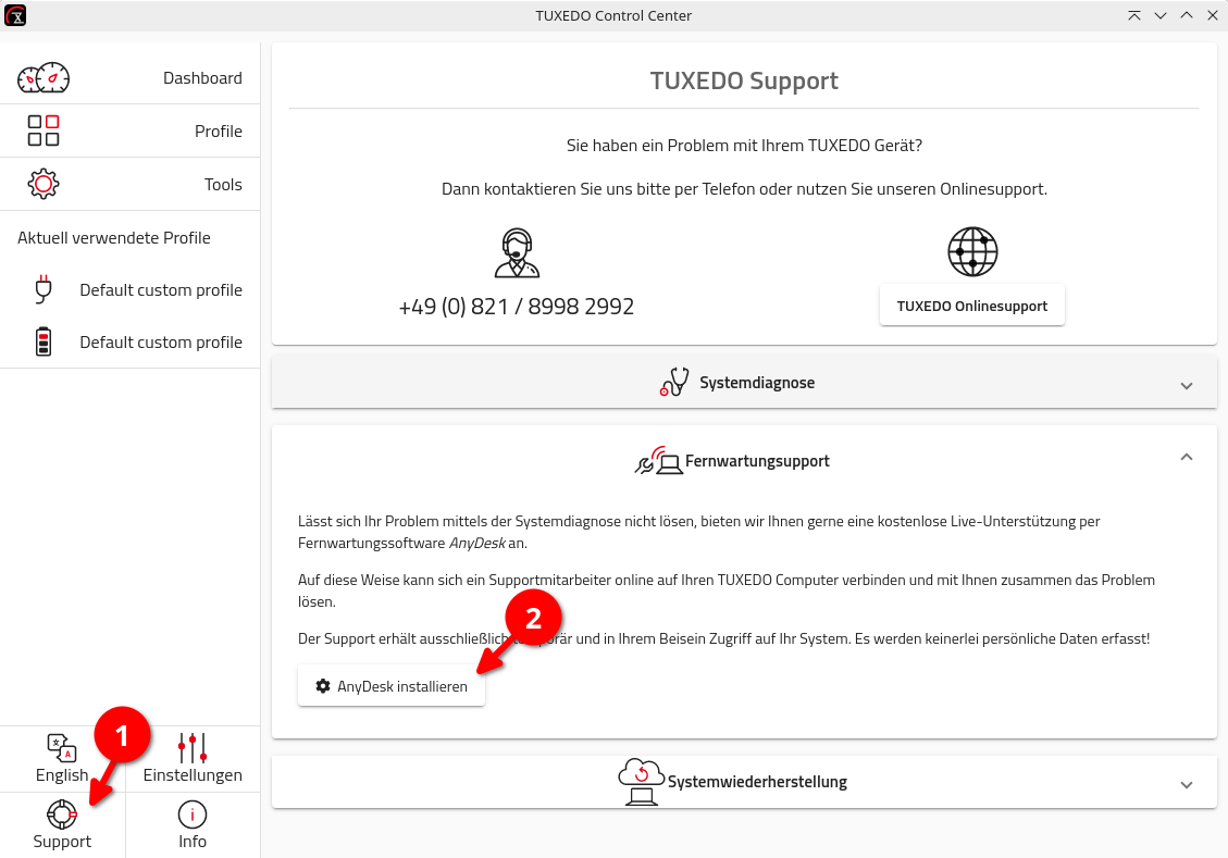 Über das TUXEDO Control Center können Sie das Fernwartungstool AnyDesk mit nur einigen wenigen Klick installieren.